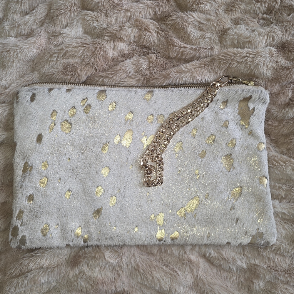 Parker & Hyde Haircalf Clutch White Gold Ponyhair Large Chain Bag